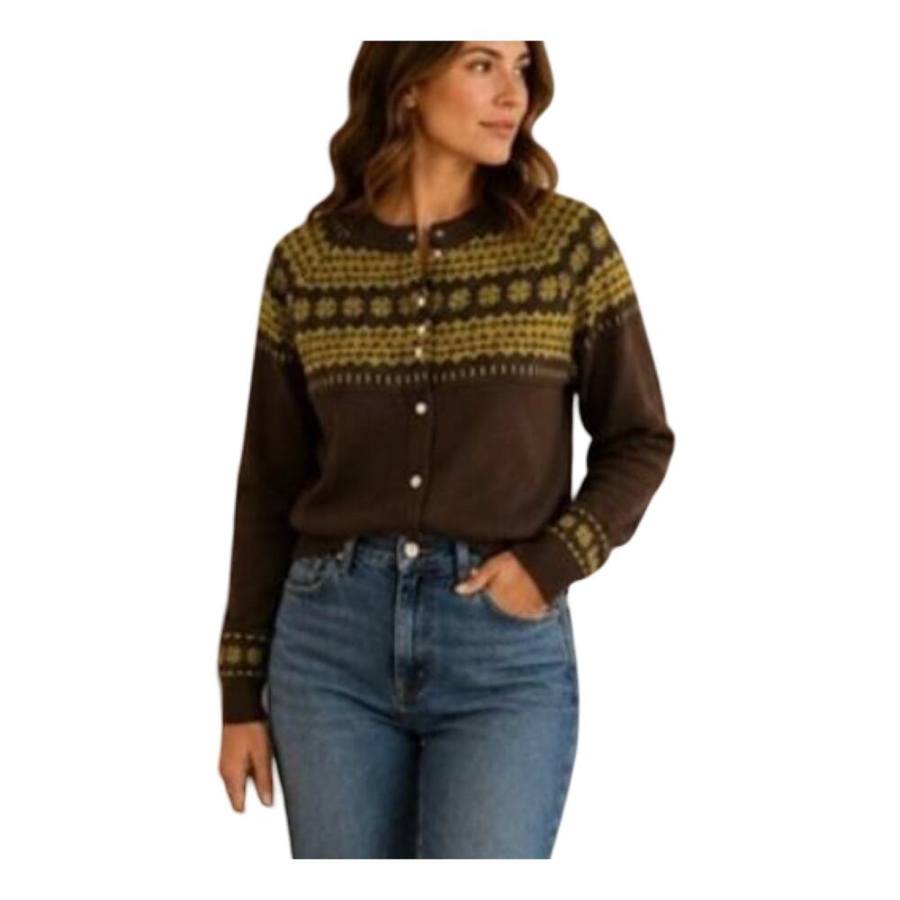 Misslook Sweater Size M Green Brown Fair Isle Button Up Cardigan Long Sleeve Y2K